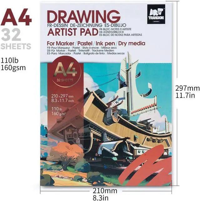 Alt view image 5 of 7 - TRANSON A4 Sketchbook Marker Pad, 110lb/160gsm Heavyweight Art Paper, No Bleed Through, 32 Sheets/64 Pages 8.3"x11.7" for Drawing & Sketching