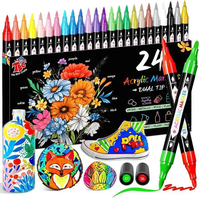Alt view image 2 of 7 - TBC The Best Crafts Acrylic Paint Markers, 24 Colors Dual Tip Pen | Waterproof, Non-Toxic for Rock Painting, Wood, Glass, Ceramic, Fabric Art Supplies for Artists & Hobbyists