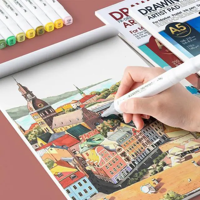 Alt view image 6 of 7 - TRANSON A4 Sketchbook Marker Pad, 110lb/160gsm Heavyweight Art Paper, No Bleed Through, 32 Sheets/64 Pages 8.3"x11.7" for Drawing & Sketching
