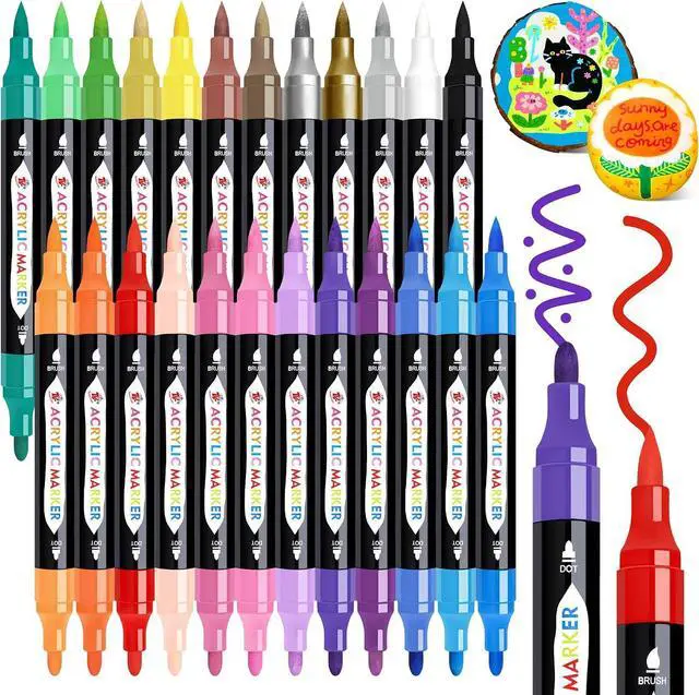 Main image of TBC The Best Crafts Acrylic Paint Markers, 24 Colors Dual Tip Pen | Waterproof, Non-Toxic for Rock Painting, Wood, Glass, Ceramic, Fabric Art Supplies for Artists & Hobbyists