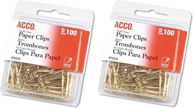 Main image of ACCO Brands Paper Clips, Regluar, # 2 Size, Smooth, Gold, 100 Clips/Box (72533) (Pack of 2)