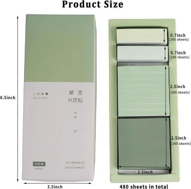 Alt view image 6 of 7 - Green Lined Sticky Notes Set, 240 Sheets Pastel Sticky Note Pads, Self-Stick Index Tabs Cute Memo Notepads for School, Office and Home