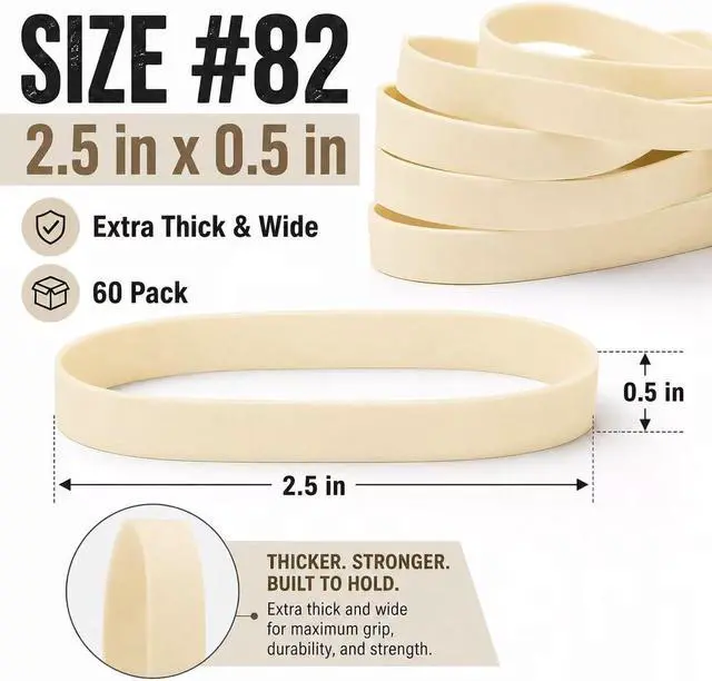 Alt view image 2 of 7 - Size #82 Rubber Bands, 60 Pack Heavy Duty Wide Elastic Bands, Extra Thick Tactical Rubber Bands for Camping, Fishing, Cycling, Survival Kit, Office, Tools and Outdoor Gear