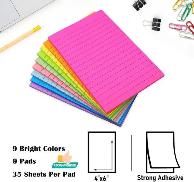 Alt view image 2 of 6 - HQCME 9 Pads Lined Sticky Notes 4x6 in, Bright Large Notepads with Lines | Super Sticking Power Memo Pads, Self-Stick Note Pads, Easy to Post for Office, School, Home, 35 Sheets/Pad