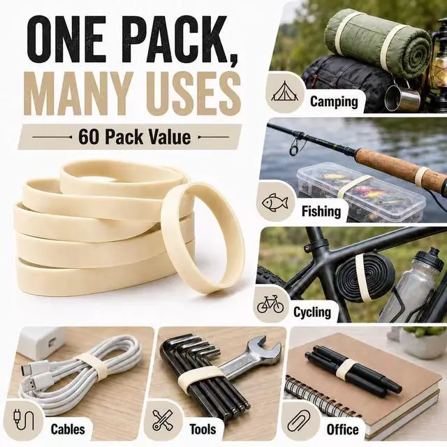 Alt view image 7 of 7 - Size #82 Rubber Bands, 60 Pack Heavy Duty Wide Elastic Bands, Extra Thick Tactical Rubber Bands for Camping, Fishing, Cycling, Survival Kit, Office, Tools and Outdoor Gear