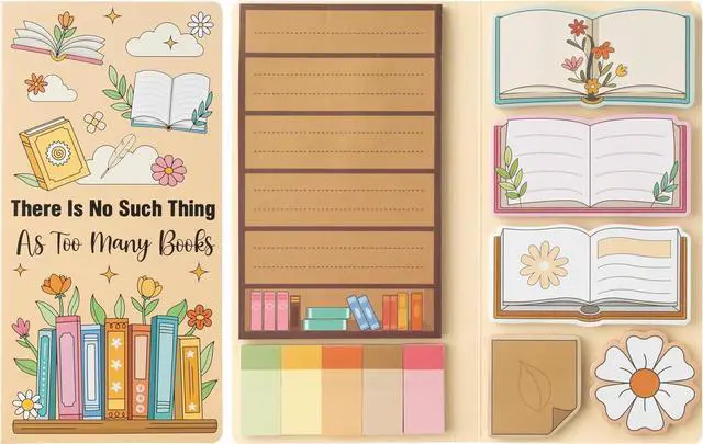 Main image of B1ykin Sticky Notes Set - 550 Sheets Memo Writing Pad Book Lovers Design | Self-Stick Notes Pages, Teacher Appreciation Gift, School Office Supplies, There is No Such Thing As Too Many Books Design