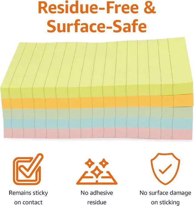 Alt view image 2 of 7 - Amazon Basics Lined Sticky Notes, 4x6" Self-Stick Pads with Clean Removal Adhesive for To Do List, Home, Office, Notebook, Assorted Colors, 100 Sheets/Pad, Pack of 5