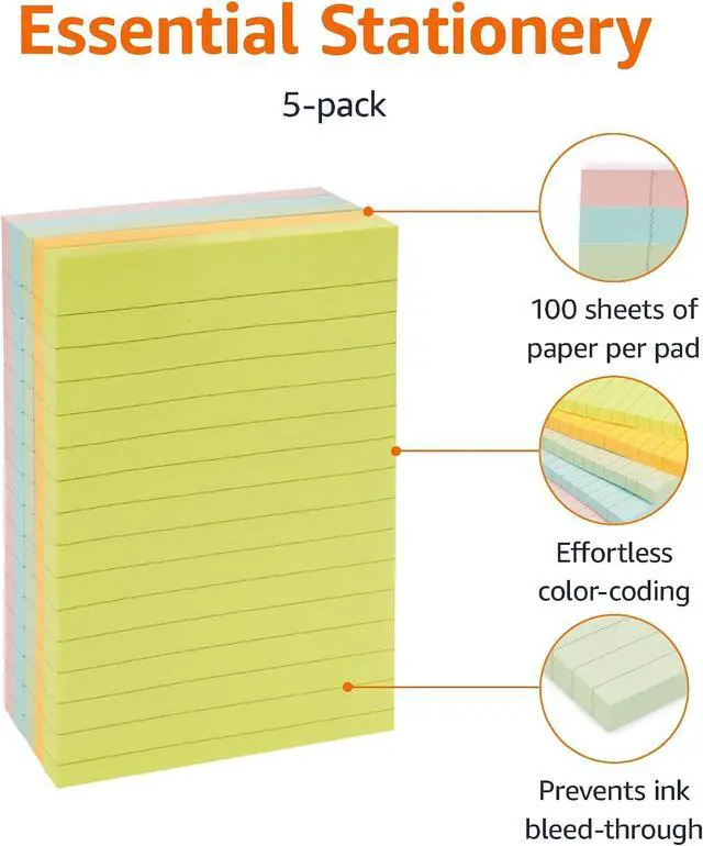 Alt view image 3 of 7 - Amazon Basics Lined Sticky Notes, 4x6" Self-Stick Pads with Clean Removal Adhesive for To Do List, Home, Office, Notebook, Assorted Colors, 100 Sheets/Pad, Pack of 5
