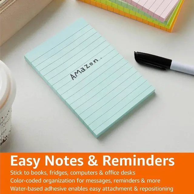 Alt view image 7 of 7 - Amazon Basics Lined Sticky Notes, 4x6" Self-Stick Pads with Clean Removal Adhesive for To Do List, Home, Office, Notebook, Assorted Colors, 100 Sheets/Pad, Pack of 5