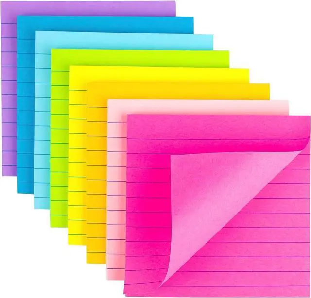 Main image of (8 Pack) Lined Sticky Notes 4x4 Bright Stickies | Colorful Super Sticking Power Memo Pads, 8 Colors, Strong Adhesive