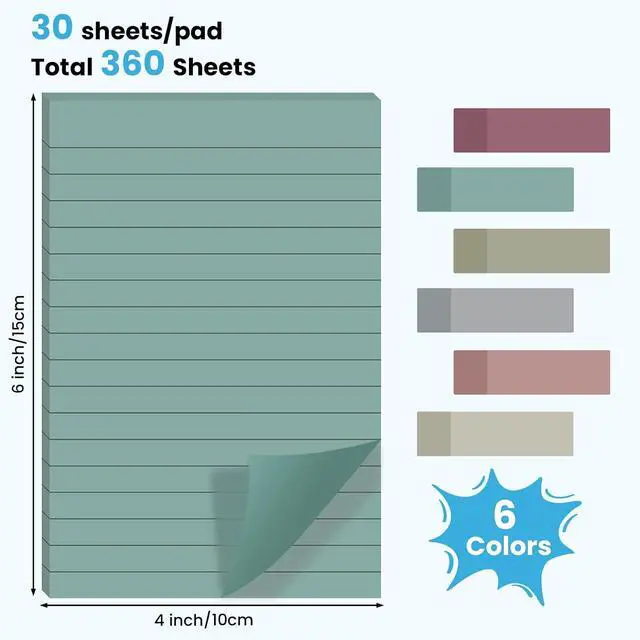 Alt view image 3 of 7 - 12 Pack Lined Sticky Note Pads 4x6 in, 6 Vintage Colors Sticky Notes with Lines, Self-Stick Note Pads, Large Rectangular Post it Notes for Office, School, Home, Study & Organization (30 Sheets/Pad)