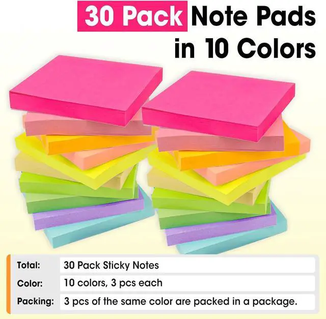 Alt view image 5 of 7 - 30 Pads Sticky Notes 3x3, Self-Stick Pads Bulk Bright Colors, School Supplies, Office Products, 50 Sheet/Pad