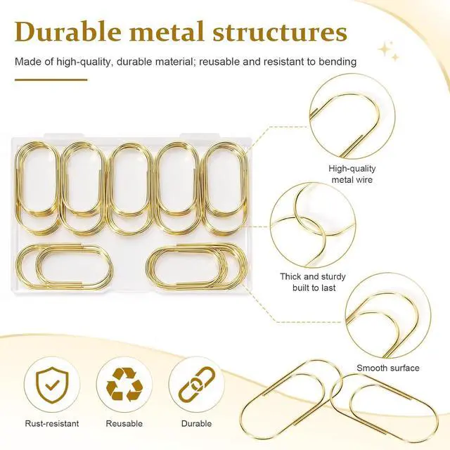 Alt view image 5 of 7 - 50 Pcs Jumbo Paper Clips 2 Inch (50mm), Large Gold Paperclips, Non-Skid Smooth Steel Wire, Oversized Wide Clips for Office School Planner Bookmarks