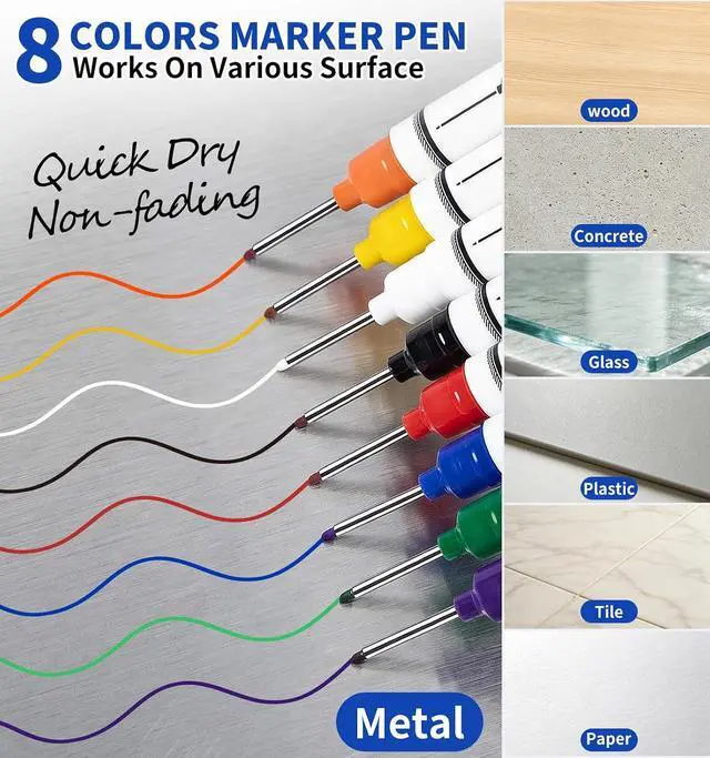 Alt view image 3 of 7 - 15 Pack 8 Colors Long Nib Marker Pens 20mm Extra Long Head | Deep Hole Markers Fine Tip Paint Markers, Quick-Dry Construction Marking Pen for Metal, Wood, Glass & More