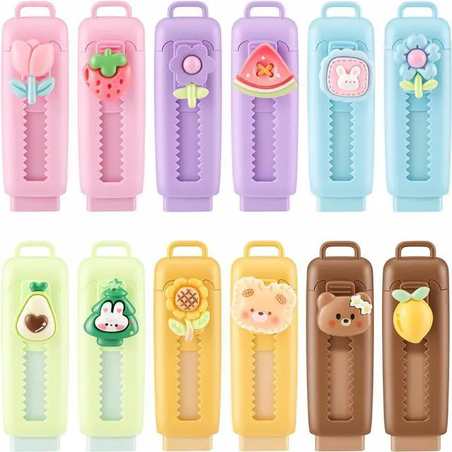 Main image of BESARME Retractable Erasers, 12 Pack Cute Erasers | Back to school supplies bulk, 12 assorted designs, birthday party favors, comfortable grip, classroom prizes, birthday gifts