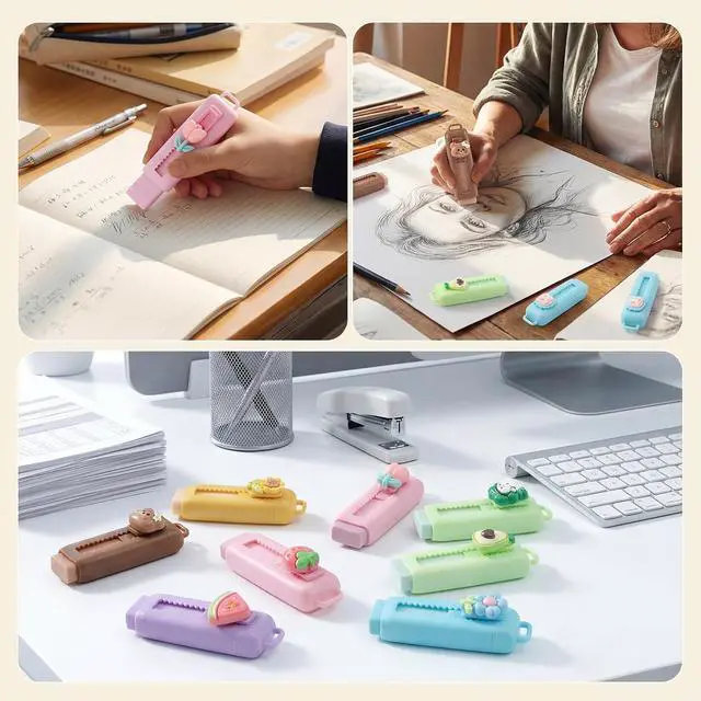 Alt view image 3 of 7 - BESARME Retractable Erasers, 12 Pack Cute Erasers | Back to school supplies bulk, 12 assorted designs, birthday party favors, comfortable grip, classroom prizes, birthday gifts