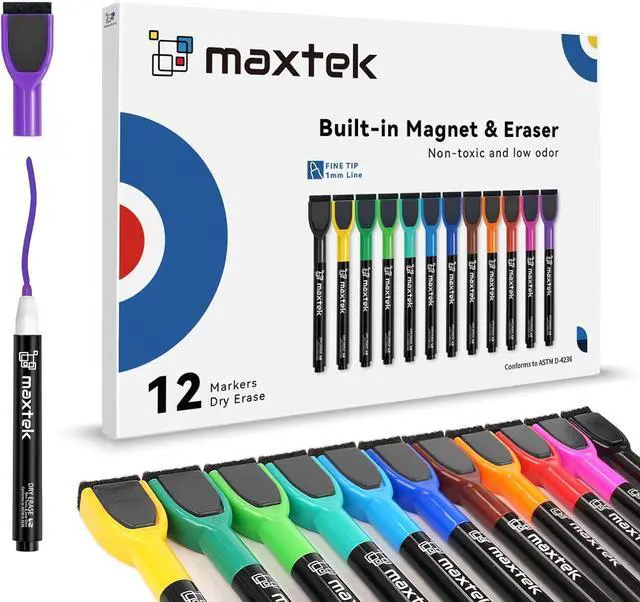 Main image of maxtek Magnetic Whiteboard Markers - 12 Count Colorful Fine Tip Dry Erase Markers with Eraser for Kids, Low Odor Thin Markers for Calendar Boards
