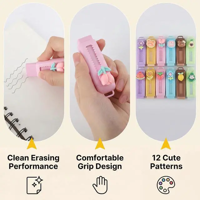 Alt view image 5 of 7 - BESARME Retractable Erasers, 12 Pack Cute Erasers | Back to school supplies bulk, 12 assorted designs, birthday party favors, comfortable grip, classroom prizes, birthday gifts