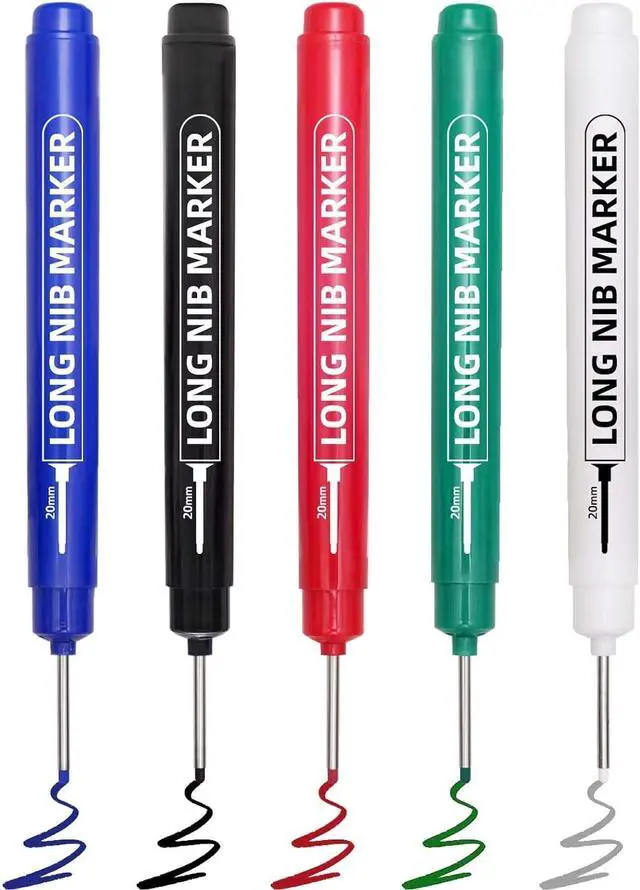 Main image of 5 PCS Long Nib Marker Pens, 20mm Deep Hole Marker Pens | Quick Dry Waterproof Construction Markers, Long Head Markers for Metal, Steel, Tile, Glass, Carpenter Marking for Woodworking