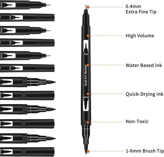 Alt view image 3 of 7 - Black Drawing Pens, 12 Pack Felt Tip Markers for Adults and Kids, Dual Tip Brush Fineliners Pens for Art Drawing Sketching