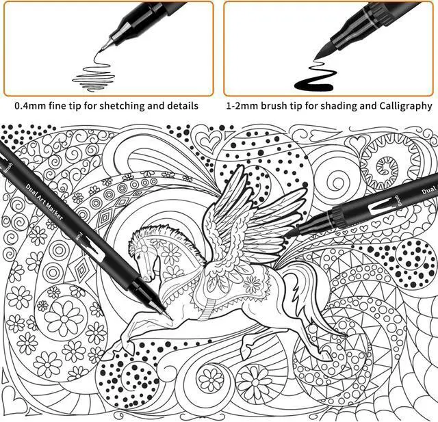 Alt view image 5 of 7 - Black Drawing Pens, 12 Pack Felt Tip Markers for Adults and Kids, Dual Tip Brush Fineliners Pens for Art Drawing Sketching