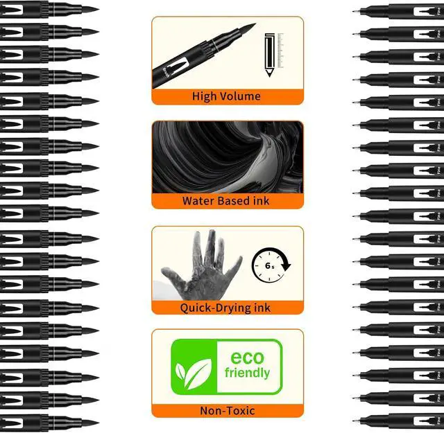 Alt view image 4 of 7 - Black Drawing Pens, 12 Pack Felt Tip Markers for Adults and Kids, Dual Tip Brush Fineliners Pens for Art Drawing Sketching