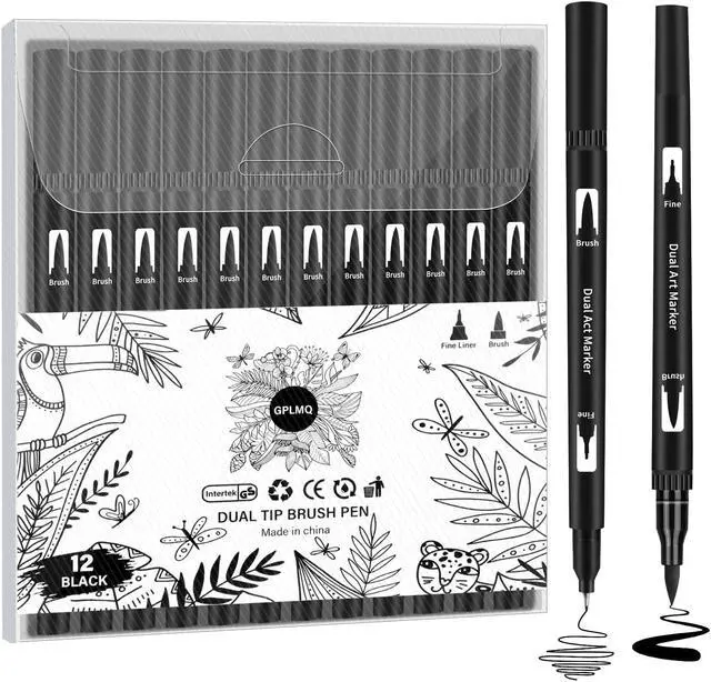 Alt view image 7 of 7 - Black Drawing Pens, 12 Pack Felt Tip Markers for Adults and Kids, Dual Tip Brush Fineliners Pens for Art Drawing Sketching