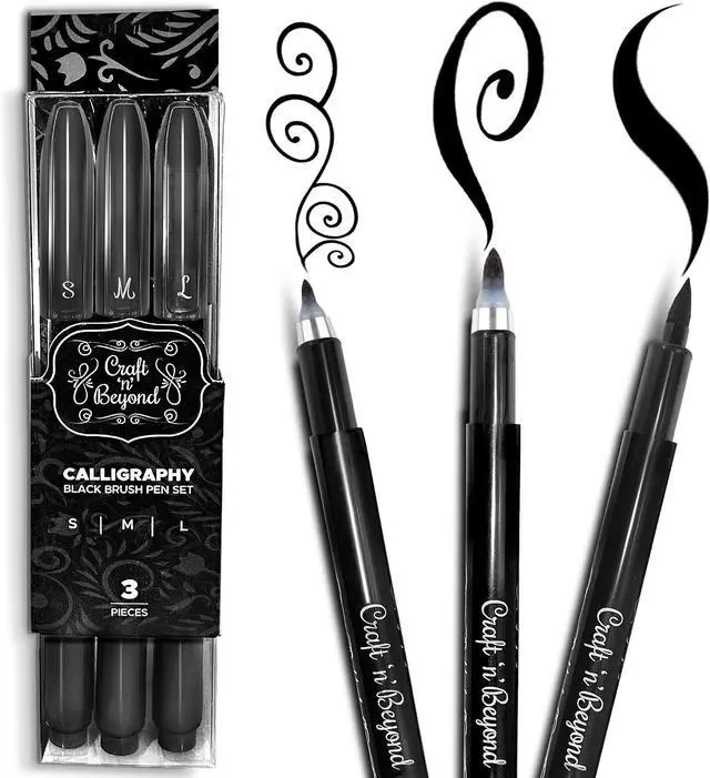 Main image of Craft 'n' Beyond Calligraphy Brush Pens Pack of 3 Small, Medium and Large Markers for Hand Lettering, Art Drawing, Sketching, Scrapbooking, Writing, Journaling - Beginner Kit with Fadeproof Black Ink