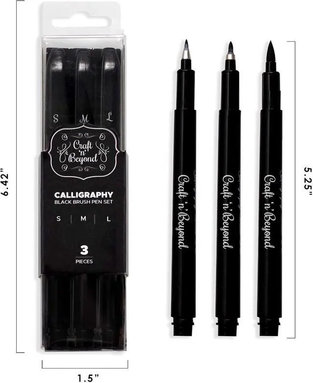 Alt view image 7 of 7 - Craft 'n' Beyond Calligraphy Brush Pens Pack of 3 Small, Medium and Large Markers for Hand Lettering, Art Drawing, Sketching, Scrapbooking, Writing, Journaling - Beginner Kit with Fadeproof Black Ink