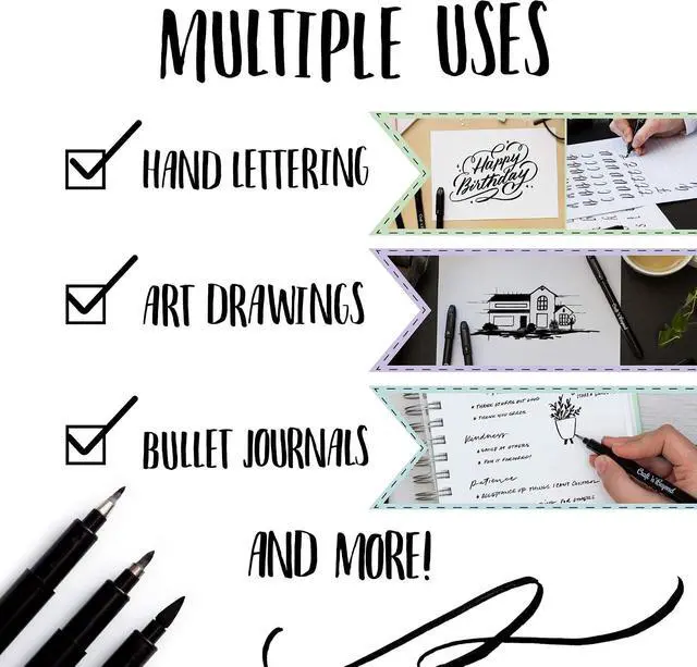 Alt view image 5 of 7 - Craft 'n' Beyond Calligraphy Brush Pens Pack of 3 Small, Medium and Large Markers for Hand Lettering, Art Drawing, Sketching, Scrapbooking, Writing, Journaling - Beginner Kit with Fadeproof Black Ink