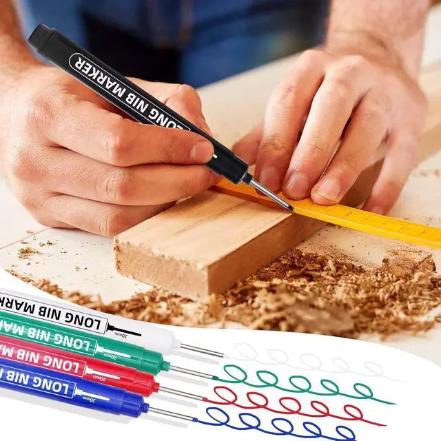 Alt view image 2 of 7 - 20 Pack Long Nib Marker Pens, 20mm Deep Hole Markers 5 Colors | Fine Nose Permanent Paint Pens for Metal, Wood, Glass, Plastic, Construction, Carpenter, Drilling, Woodworking