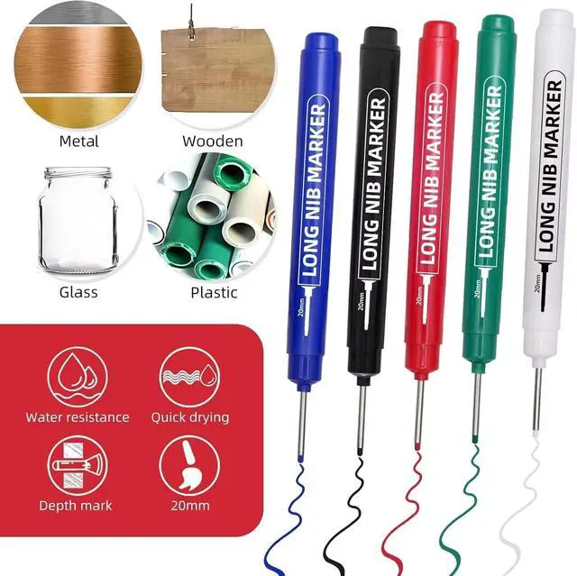 Alt view image 6 of 7 - 20 Pack Long Nib Marker Pens, 20mm Deep Hole Markers 5 Colors | Fine Nose Permanent Paint Pens for Metal, Wood, Glass, Plastic, Construction, Carpenter, Drilling, Woodworking