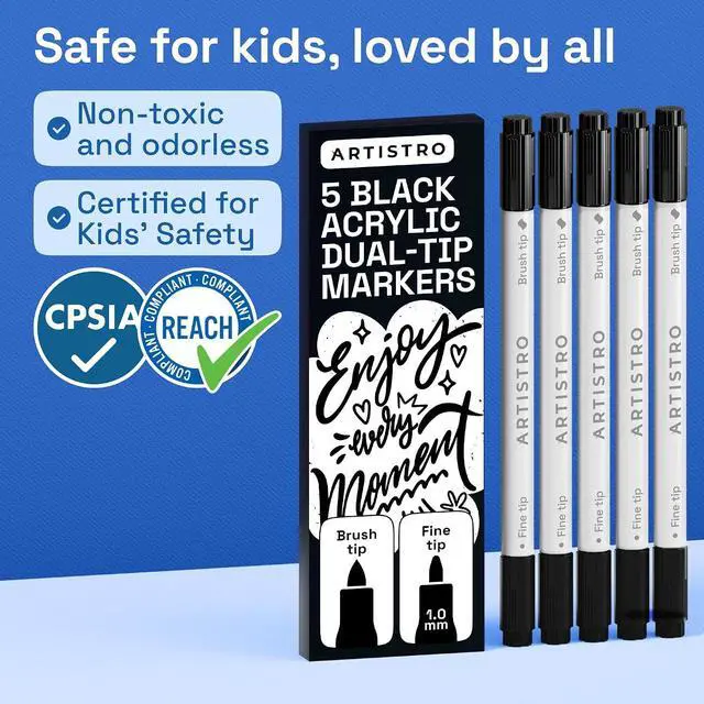 Alt view image 6 of 7 - ARTISTRO 5 Black Dual-Tip Acrylic Paint Marker Pens for Drawing | For Fabric, Rock, Glass, Wood, & Molds, Arts & Crafts Gift for Adults, Teens, & Kids, Classroom Must Haves & School Supplies
