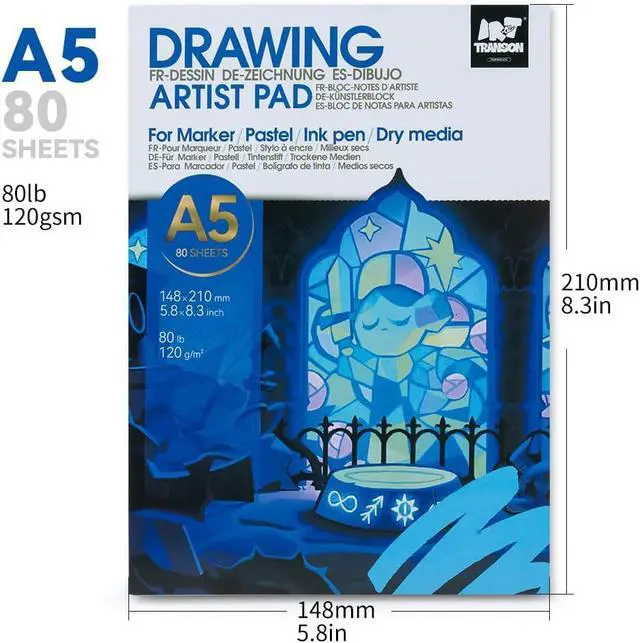 Alt view image 5 of 7 - TRANSON A5 Small Sketchbook Marker Pad, 80lb/120gsm Heavyweight Art Paper, No Bleed Through, 80 Sheets/160 Pages 5.8"x8.3" for Drawing & Sketching