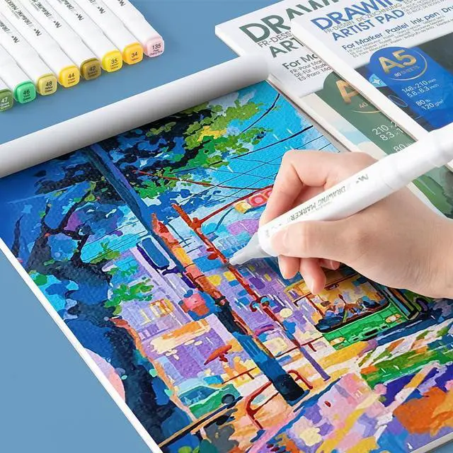 Alt view image 6 of 7 - TRANSON A5 Small Sketchbook Marker Pad, 80lb/120gsm Heavyweight Art Paper, No Bleed Through, 80 Sheets/160 Pages 5.8"x8.3" for Drawing & Sketching