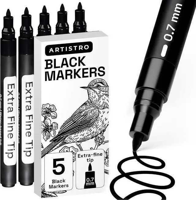 Main image of ARTISTRO Black Paint Pens - Extra-Fine Tips - Set of 5 | Acrylic Paint Markers, Water-Based, For Rock, Glass, Ceramic, Wood, Tire, Fabric, Metal, Canvas, Marking, Painting