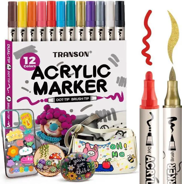 Main image of TRANSON 12 Colors Bold and Brush Dual-tip Acrylic Paint Marker Pen Set for Canvas Rock Wood Leather Ceramic DIY Painting