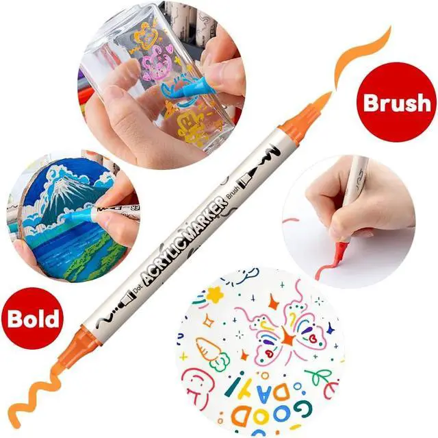 Alt view image 3 of 7 - TRANSON 12 Colors Bold and Brush Dual-tip Acrylic Paint Marker Pen Set for Canvas Rock Wood Leather Ceramic DIY Painting
