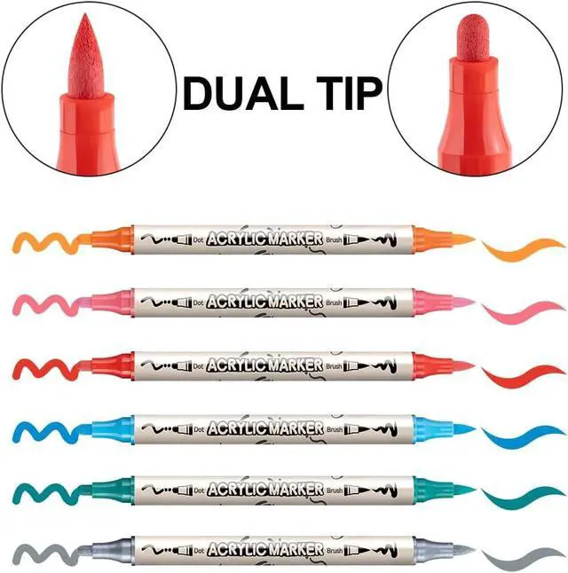Alt view image 4 of 7 - TRANSON 12 Colors Bold and Brush Dual-tip Acrylic Paint Marker Pen Set for Canvas Rock Wood Leather Ceramic DIY Painting