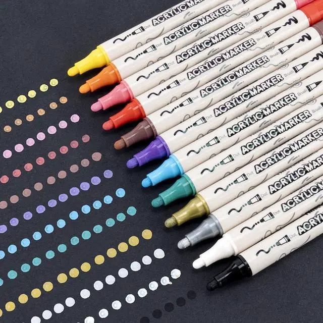 Alt view image 6 of 7 - TRANSON 12 Colors Bold and Brush Dual-tip Acrylic Paint Marker Pen Set for Canvas Rock Wood Leather Ceramic DIY Painting