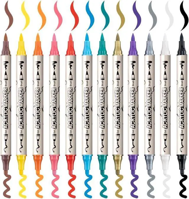 Alt view image 7 of 7 - TRANSON 12 Colors Bold and Brush Dual-tip Acrylic Paint Marker Pen Set for Canvas Rock Wood Leather Ceramic DIY Painting