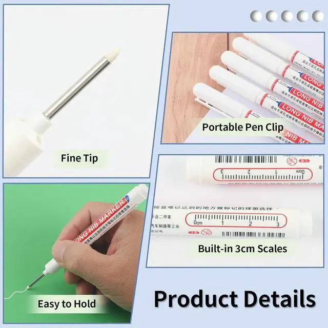 Alt view image 4 of 7 - 15 Pcs Long Nib Marker Pens with 20 mm Long Head Nose Tip, White | Fine Point, Deep Hole Reach Permanent Paint Markers, for Metal, Drilling, Carpenter, Woodworking, Construction, Marking Pen