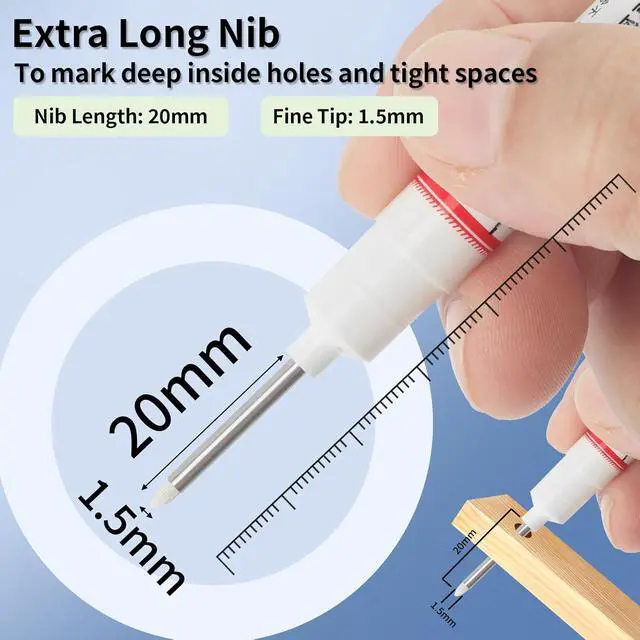 Alt view image 2 of 7 - 15 Pcs Long Nib Marker Pens with 20 mm Long Head Nose Tip, White | Fine Point, Deep Hole Reach Permanent Paint Markers, for Metal, Drilling, Carpenter, Woodworking, Construction, Marking Pen