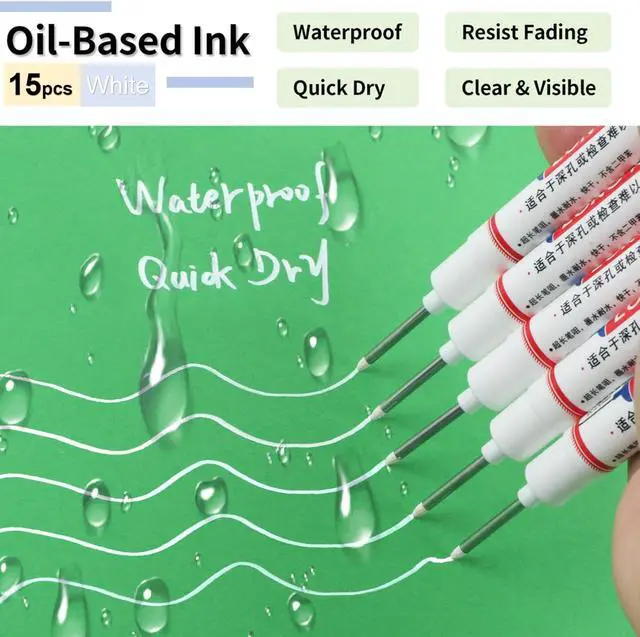 Alt view image 3 of 7 - 15 Pcs Long Nib Marker Pens with 20 mm Long Head Nose Tip, White | Fine Point, Deep Hole Reach Permanent Paint Markers, for Metal, Drilling, Carpenter, Woodworking, Construction, Marking Pen
