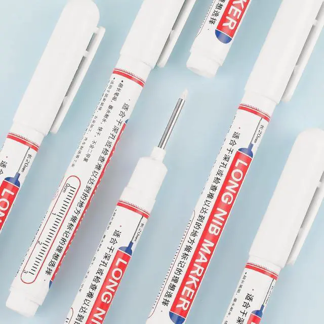 Alt view image 6 of 7 - 15 Pcs Long Nib Marker Pens with 20 mm Long Head Nose Tip, White | Fine Point, Deep Hole Reach Permanent Paint Markers, for Metal, Drilling, Carpenter, Woodworking, Construction, Marking Pen
