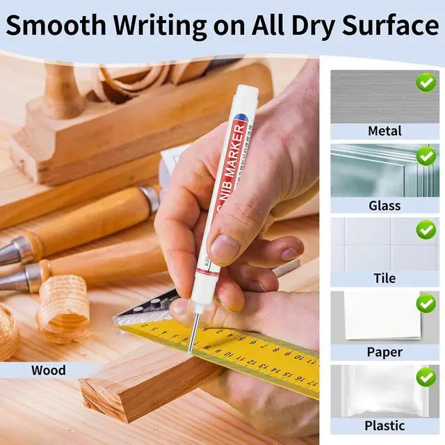 Alt view image 5 of 7 - 15 Pcs Long Nib Marker Pens with 20 mm Long Head Nose Tip, White | Fine Point, Deep Hole Reach Permanent Paint Markers, for Metal, Drilling, Carpenter, Woodworking, Construction, Marking Pen