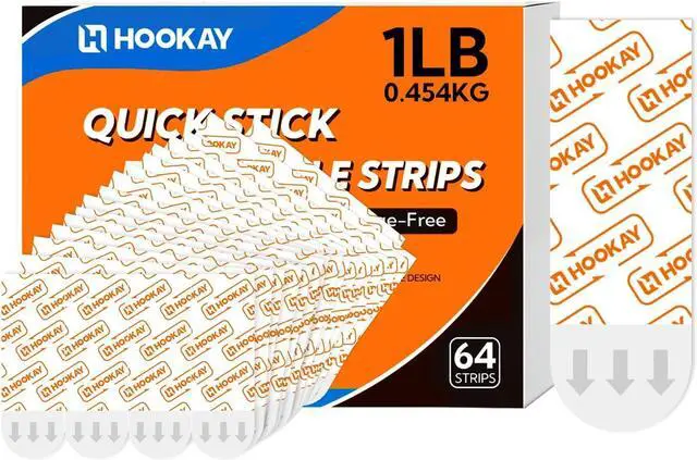 Main image of hookay Upgrade Small Adhesive Strips for Damage-Free Hanging, Removable Wall Hooks Strips, No Tools Indoor Adhesive Strips for Small Decor & Living Spaces, 64 White Strips