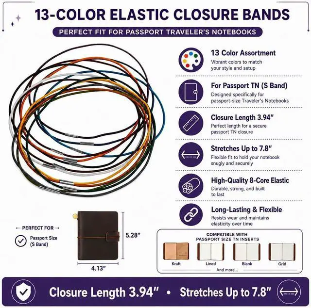 Alt view image 2 of 7 - 13 Colors Passport Size Elastic Bands for Travelers Notebook Accessories, Travel Journal Book Closure Bands for Traveler's Notebook Connecting Reffils Inserts