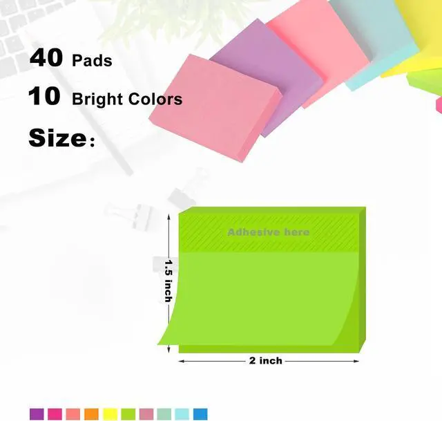 Alt view image 2 of 5 - (40 Pads) Sticky Notes 1.5x2, 10 Bight Colors Mini Self-Stick Note Pads | Small Sticky Notes, Strong Adhesive, Clean Removal, Easy to Post for School, Home, Office