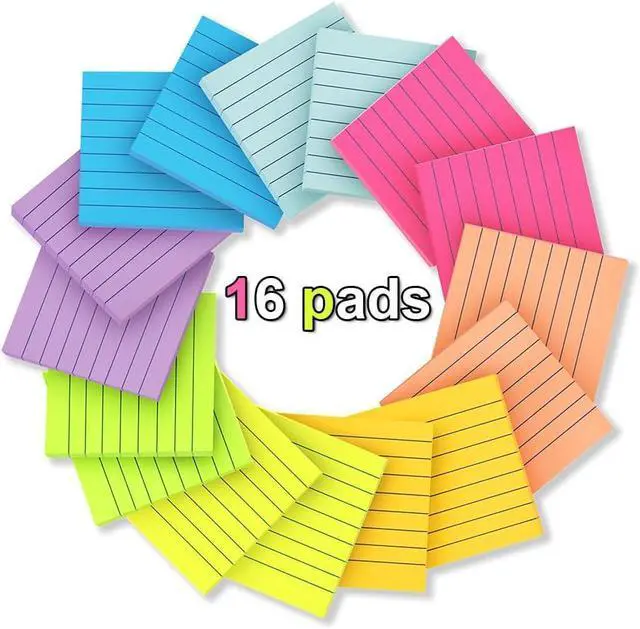 Alt view image 2 of 6 - (16 Pack) Lined Sticky Notes 3x3 in Ruled Stickies,Bright Colors | Super Sticking Power Memo Pads,Post on Windows Doors,Recyclable,Easy to Write on